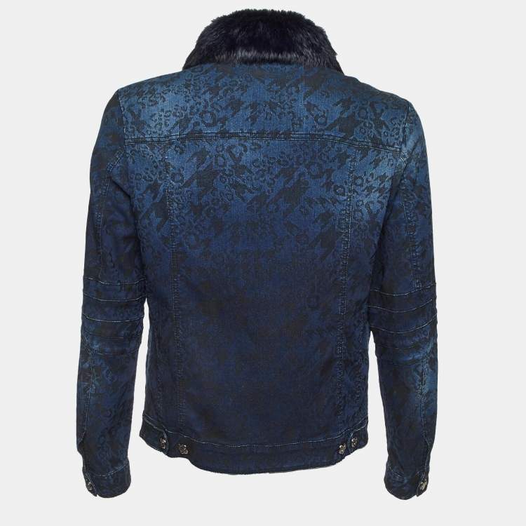 Pre Owned Versace Jeans Blue Jacquard Denim Detachable Fur Collar Jacket XL