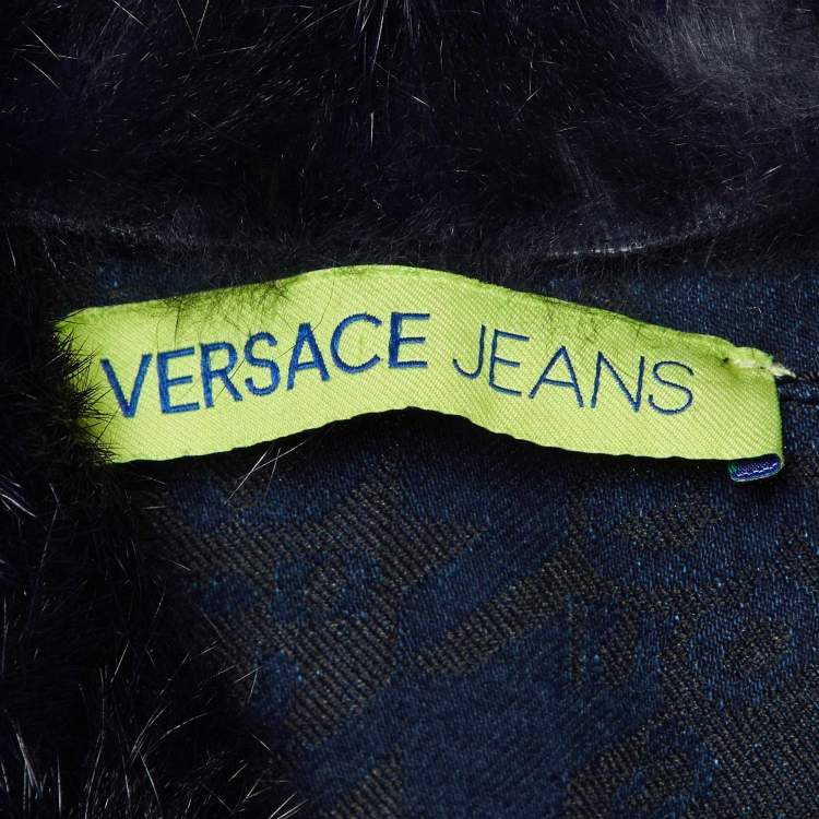 Pre Owned Versace Jeans Blue Jacquard Denim Detachable Fur Collar Jacket XL
