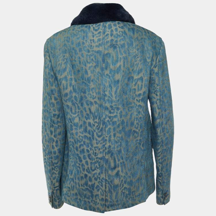 Pre Owned Versace Jeans Blue Leopard Pattern Denim Fur Trim Jacket M