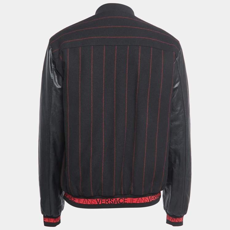 Pre Owned Versace Jeans Black Striped Wool Blend Button Front Varsity Jacket L