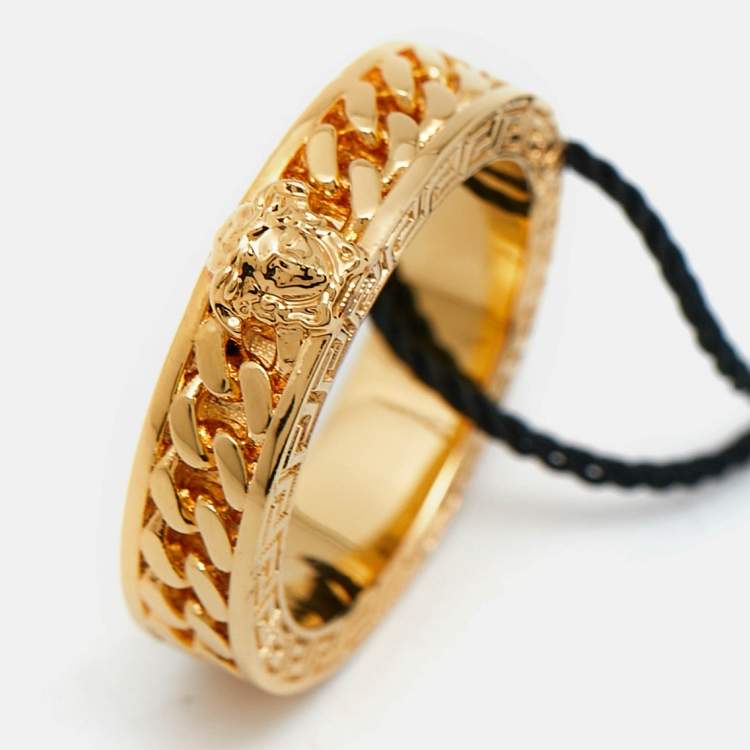 Pre Owned Versace Medusa Head Chain Gold Tone Ring Size 62