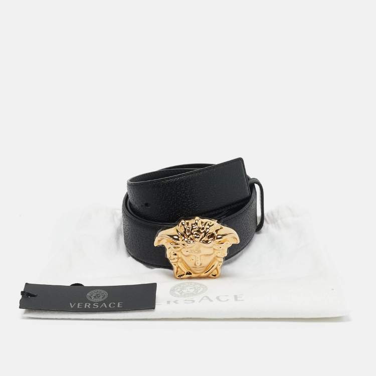 Pre Owned Versace Black Leather La Medusa Buckle Belt 95 CM