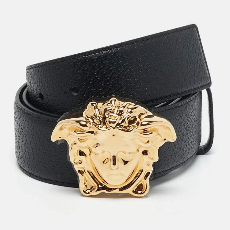 Pre Owned Versace Black Leather La Medusa Buckle Belt 95 CM