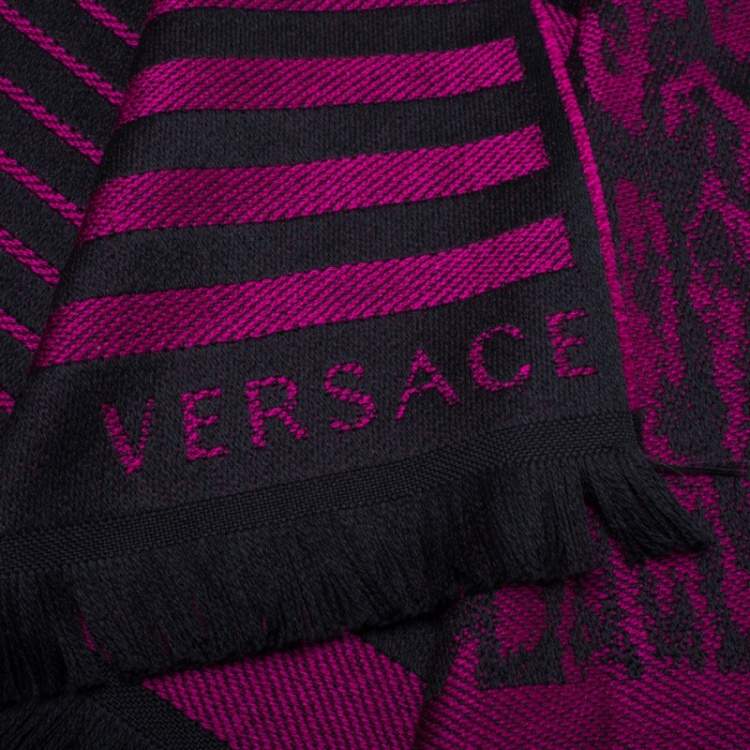 Pre Owned Versace Purple Striped Medusa Patterned Wool Scarf