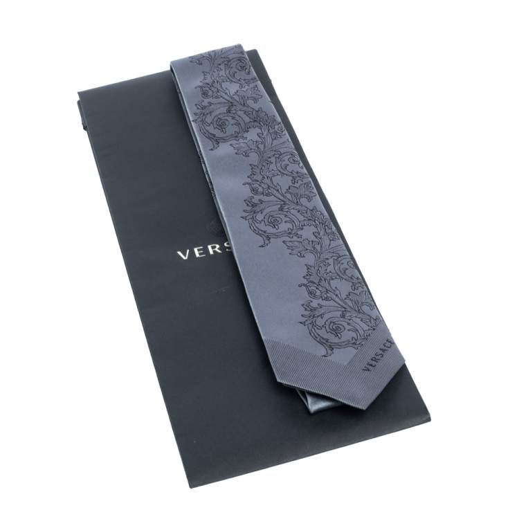 Pre Owned Versace Grey Baroque Patterned Jacquard Silk Tie