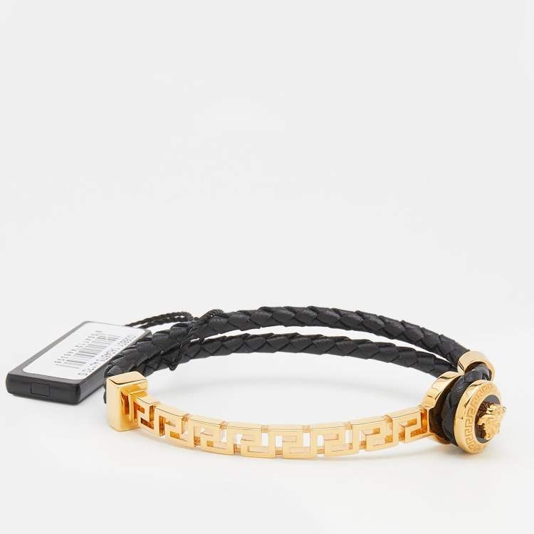 Pre Owned Versace Black Braided Leather Gold Tone Medusa Bracelet