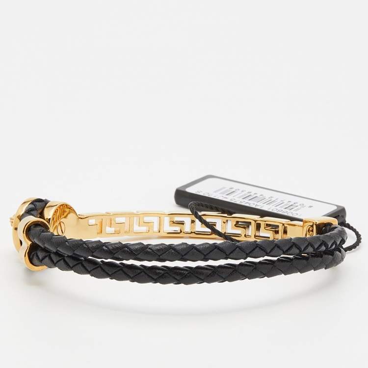 Pre Owned Versace Black Braided Leather Gold Tone Medusa Bracelet
