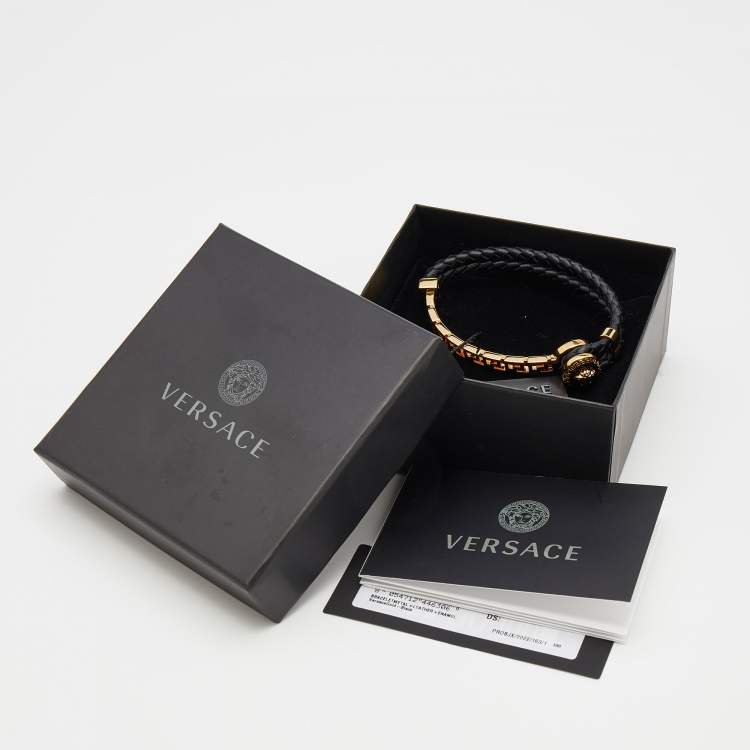 Pre Owned Versace Black Braided Leather Gold Tone Medusa Bracelet