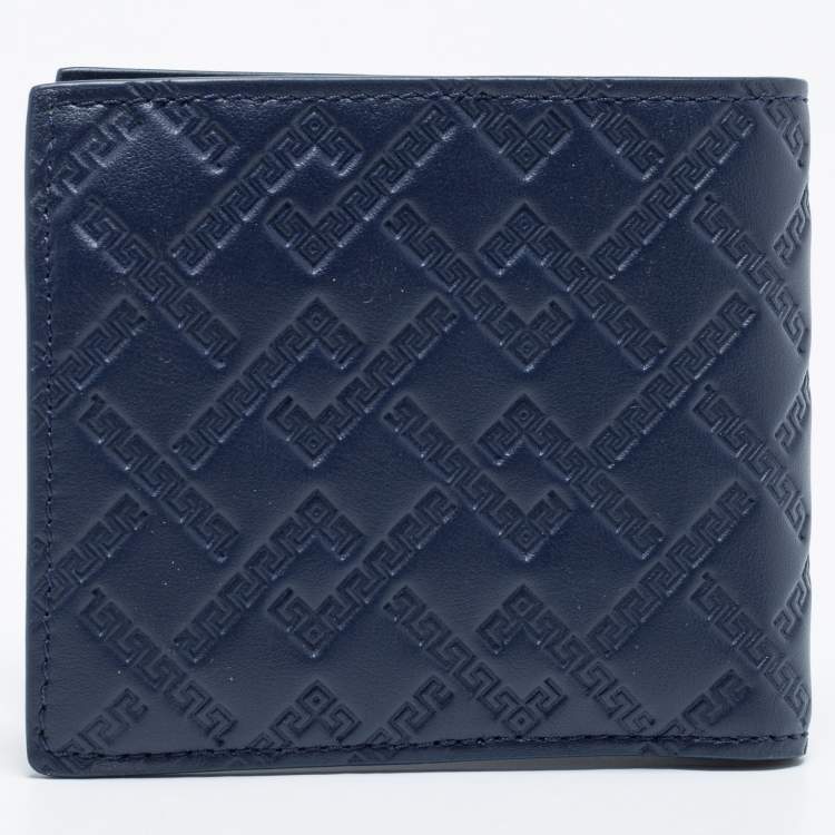 Pre Owned Versace Blue Greca Embossed Leather Bifold Wallet