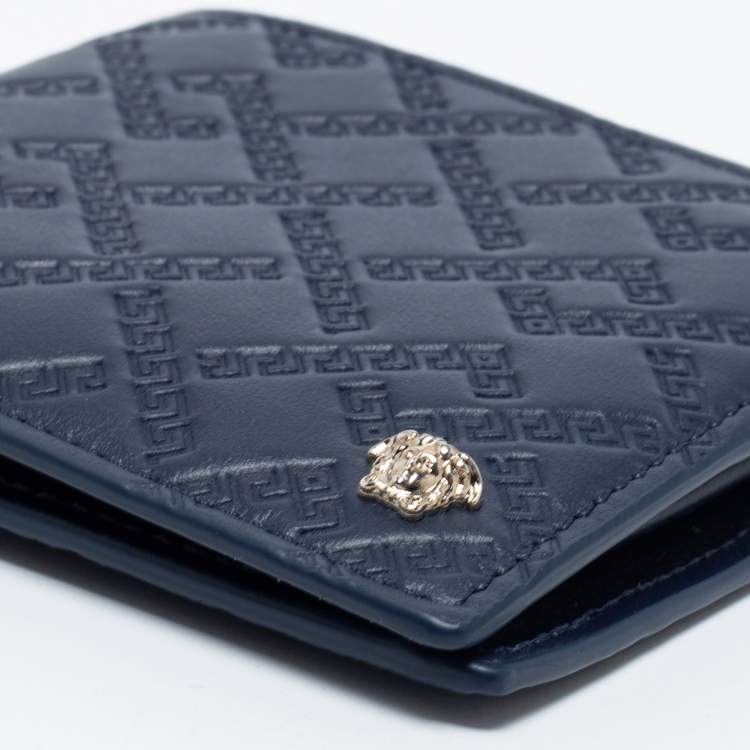 Pre Owned Versace Blue Greca Embossed Leather Bifold Wallet
