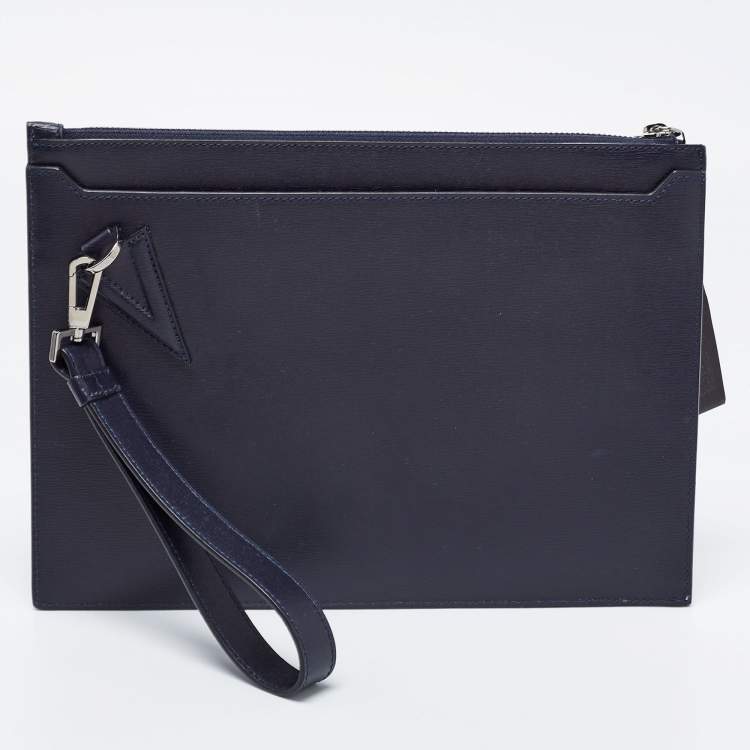 Pre Owned Versace Navy Blue Leather V Logo Wristlet Pouch