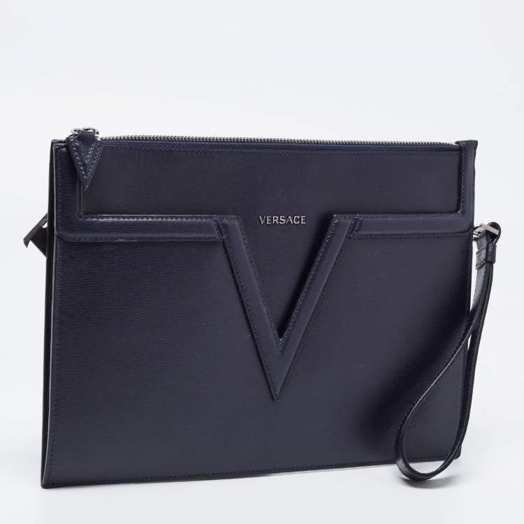 Pre Owned Versace Navy Blue Leather V Logo Wristlet Pouch