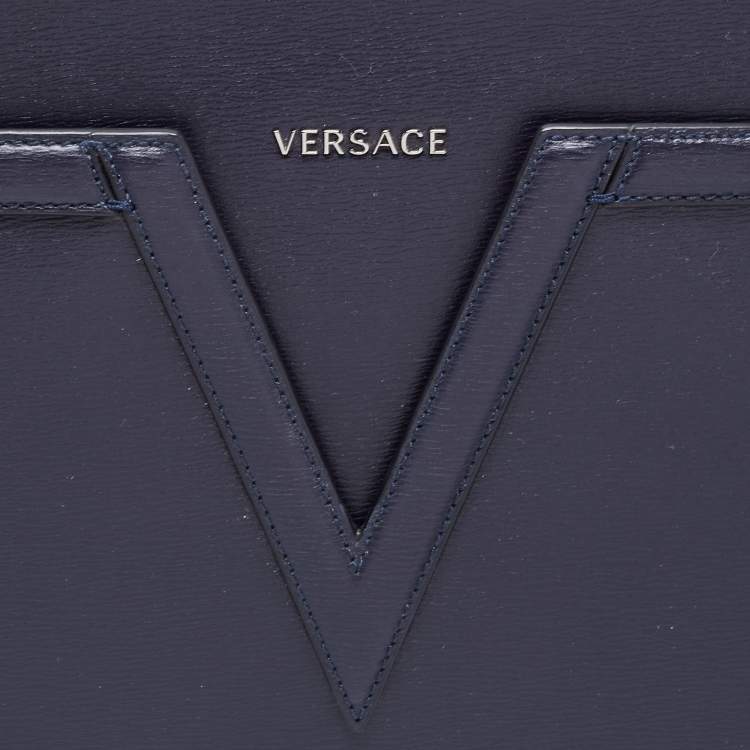 Pre Owned Versace Navy Blue Leather V Logo Wristlet Pouch