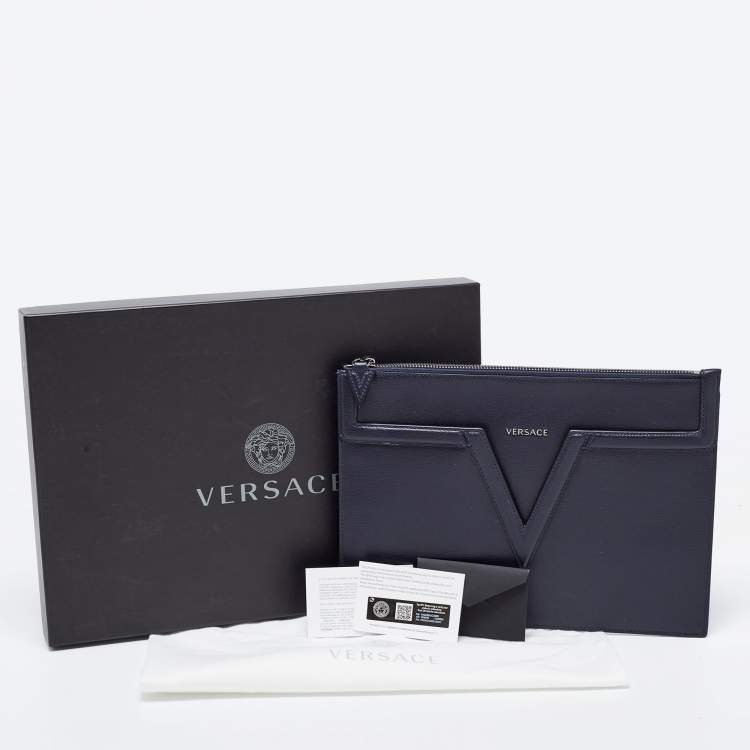Pre Owned Versace Navy Blue Leather V Logo Wristlet Pouch