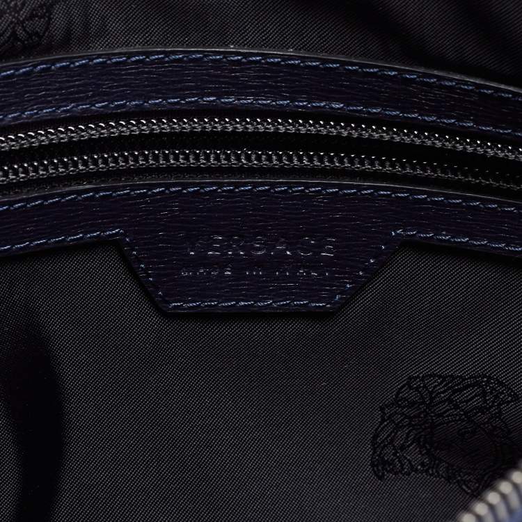 Pre Owned Versace Navy Blue Leather V Logo Wristlet Pouch
