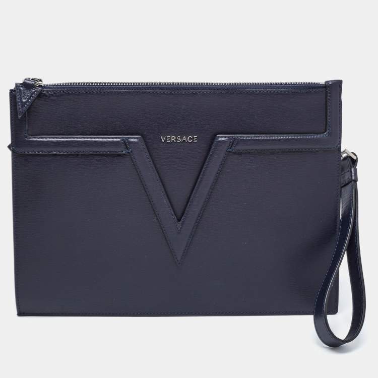 Pre Owned Versace Navy Blue Leather V Logo Wristlet Pouch