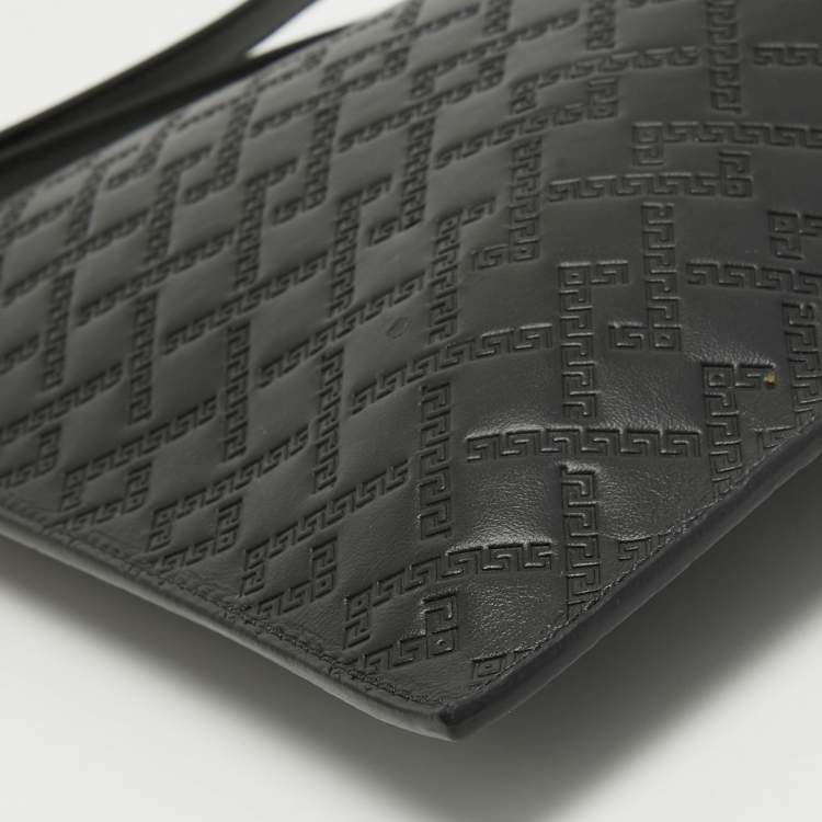 Pre Owned Versace Black Monogram Embossed Leather Medusa Zip Pouch