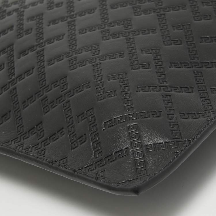 Pre Owned Versace Black Monogram Embossed Leather Medusa Zip Pouch