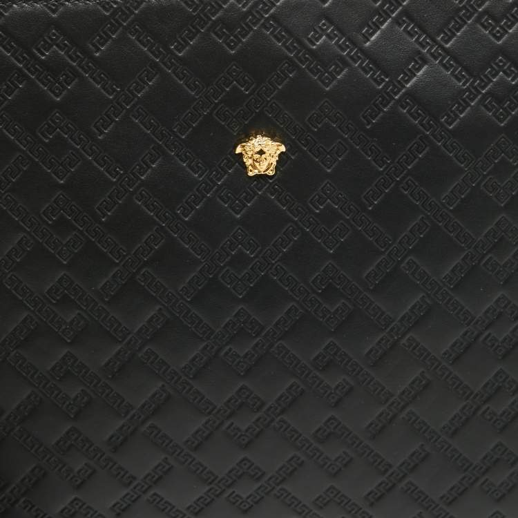 Pre Owned Versace Black Monogram Embossed Leather Medusa Zip Pouch