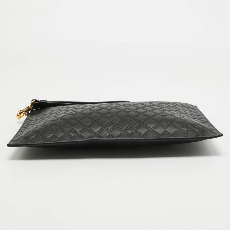 Pre Owned Versace Black Monogram Embossed Leather Medusa Zip Pouch