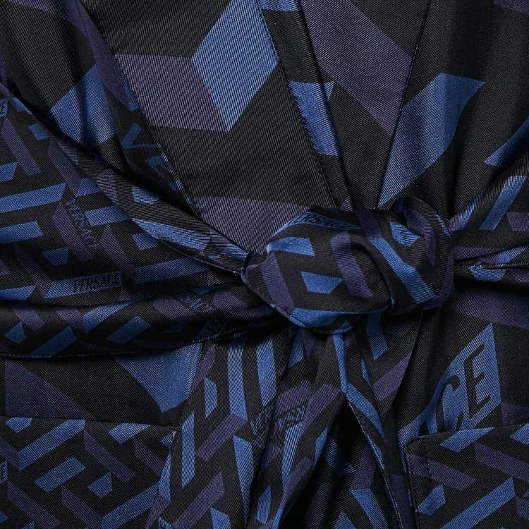 Pre Owned Versace Blue/Black Geometric Print Silk Robe L
