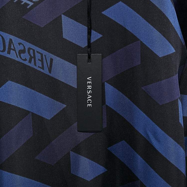 Pre Owned Versace Blue/Black Geometric Print Silk Robe L