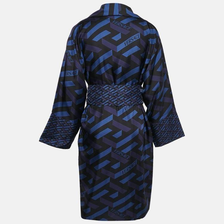 Pre Owned Versace Blue/Black Geometric Print Silk Robe L