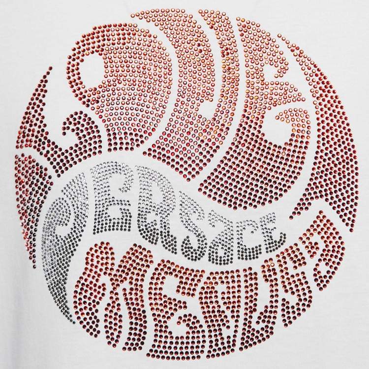 Pre Owned Versace White Rhinestone Logo Jersey Michel Fit T-Shirt L