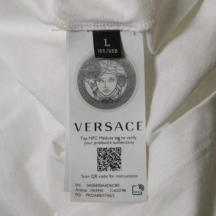 Pre Owned Versace White Rhinestone Logo Jersey Michel Fit T-Shirt L