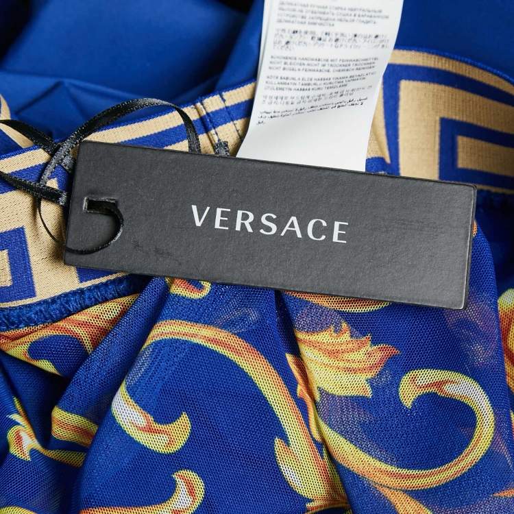 Pre Owned Versace Blue Greca Border Synthetic Swim Shorts M