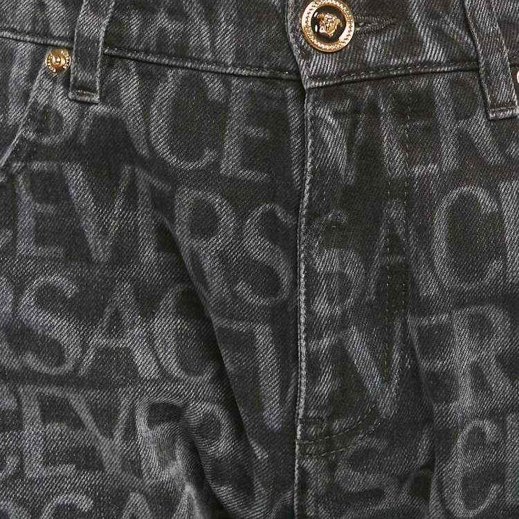 Pre Owned Versace Grey Logo Pattern Denim Skinny Jeans S Waist 32"