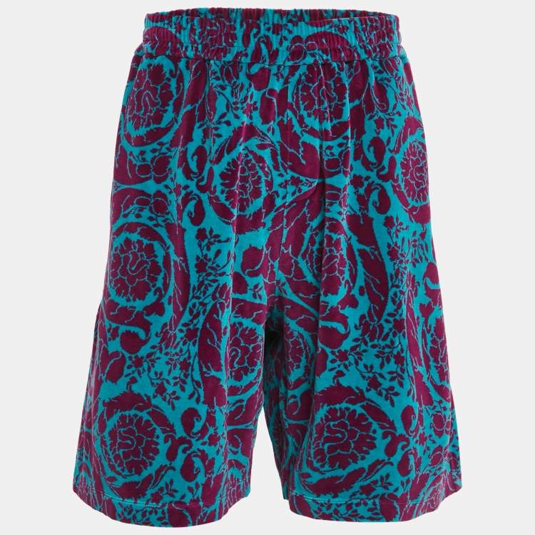 Pre Owned Versace Purple/Turquoise Baroque Jacquard Velvet Shorts XL 
