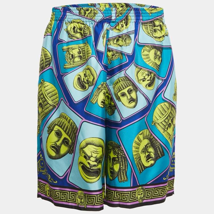 Pre Owned Versace Blue/Multicolor Mask Foulard Print Silk Shorts XL