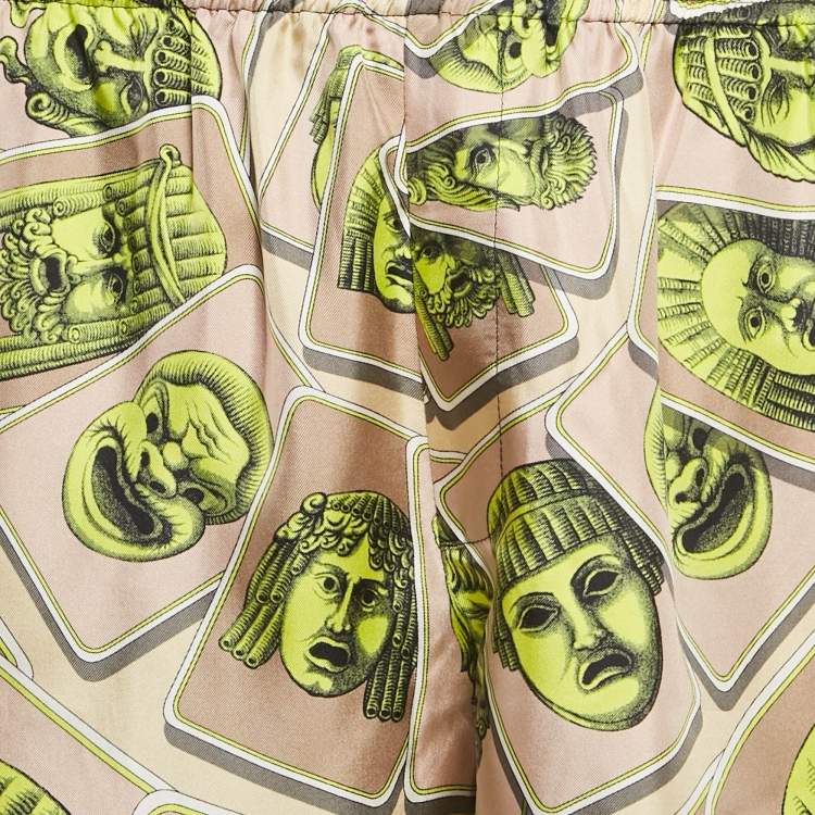 Pre Owned Versace Green Silk Le Maschere College Fit Shorts XL