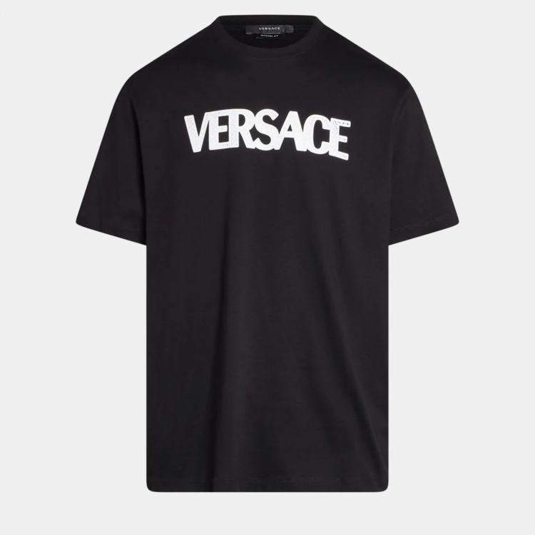 Pre Owned Versace Logo Printed Black Cotton Tshirt XS