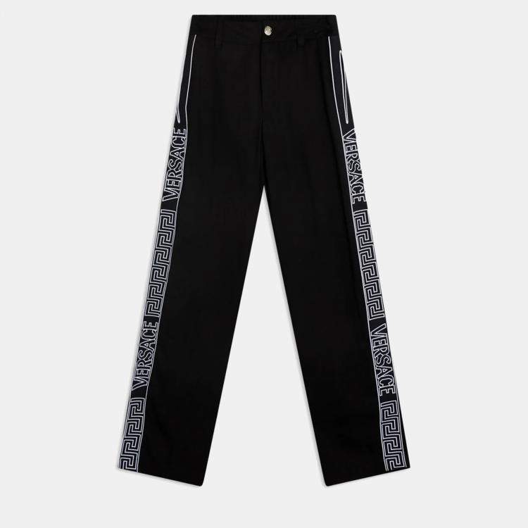 Pre Owned Versace Logo Stripe Gabardine Black Cotton Trouser L