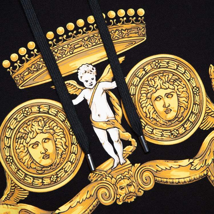 Pre Owned Versace Black & Yellow Baroque Print Cotton Hoodie XL