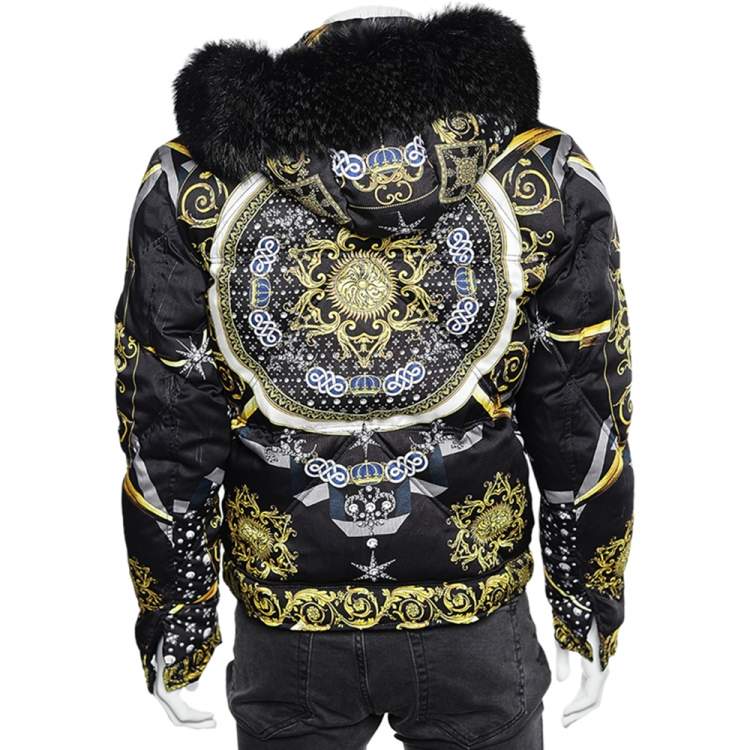 Pre Owned Versace Collection Multicolor Printed Fur Lined Hooded Jacket L