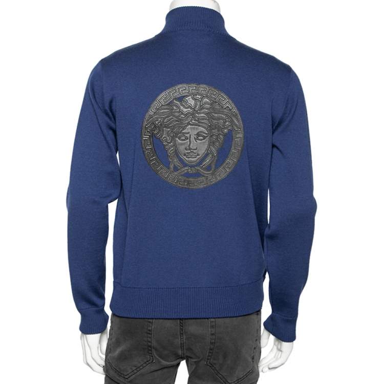 Pre Owned Versace Blue Wool & Leather Medusa Appliqued Zip Front Jacket S 