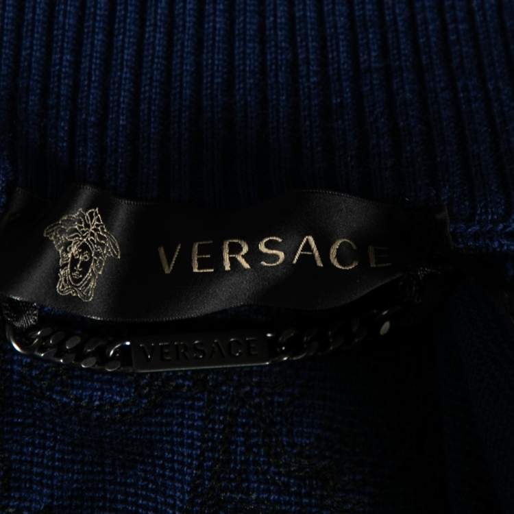 Pre Owned Versace Blue Wool & Leather Medusa Appliqued Zip Front Jacket S 