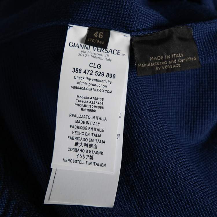 Pre Owned Versace Blue Wool & Leather Medusa Appliqued Zip Front Jacket S 