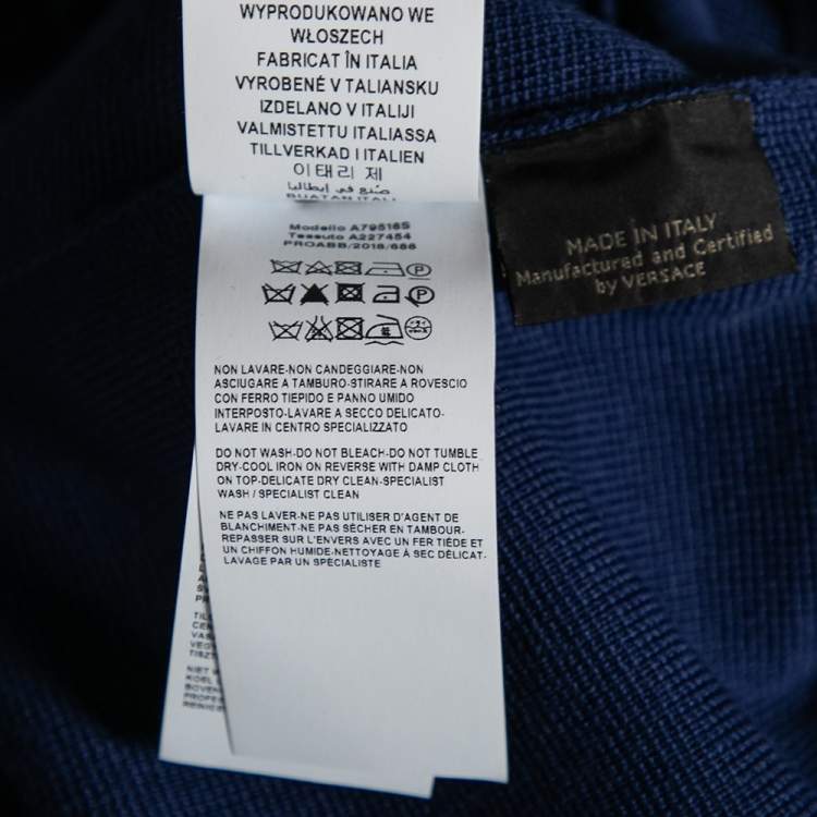 Pre Owned Versace Blue Wool & Leather Medusa Appliqued Zip Front Jacket S 