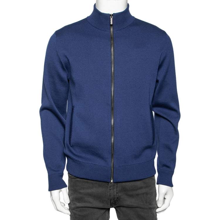 Pre Owned Versace Blue Wool & Leather Medusa Appliqued Zip Front Jacket S 