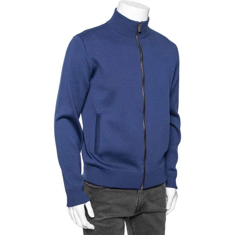 Pre Owned Versace Blue Wool & Leather Medusa Appliqued Zip Front Jacket S 