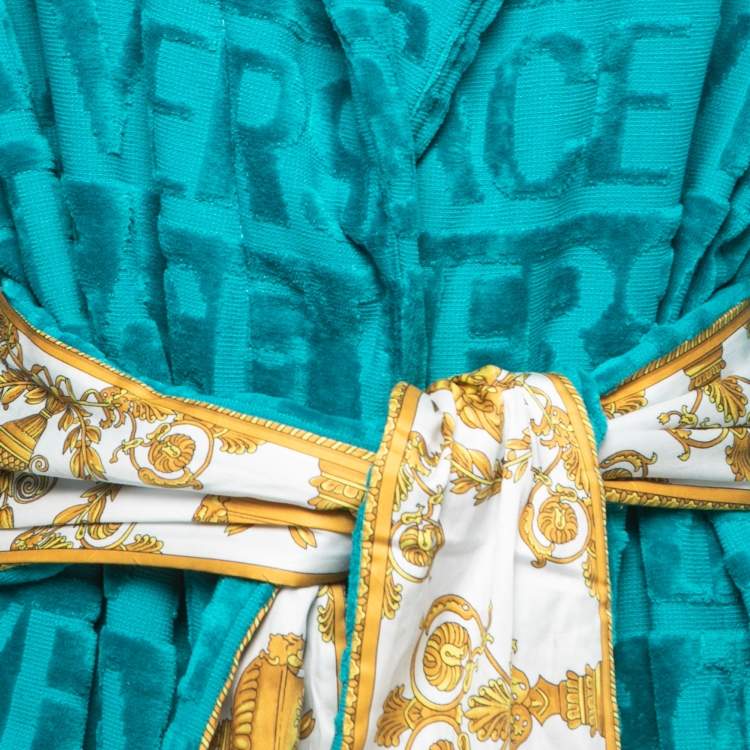 Pre Owned Versace Home Green Logo Terry Belted Bathrobe XL
