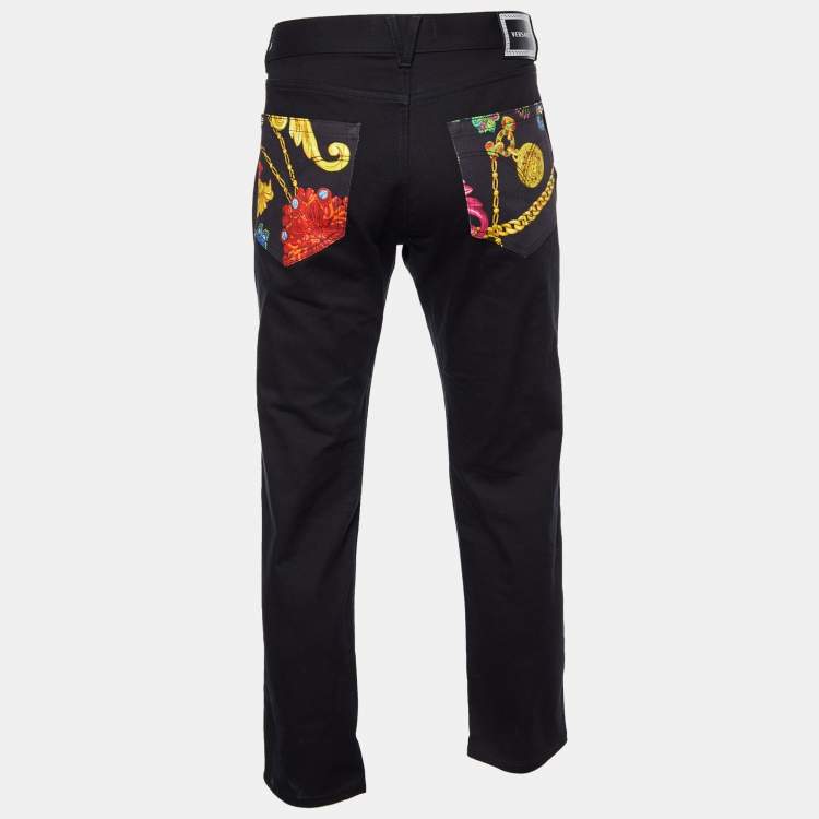 Pre Owned Versace  Black Denim Printed Detail Taylor Fit Jeans XL