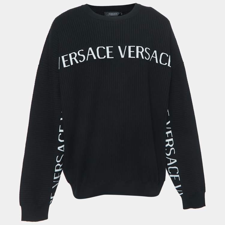 Pre Owned Versace Black Ribbed Knit Logo Sweater 4XL