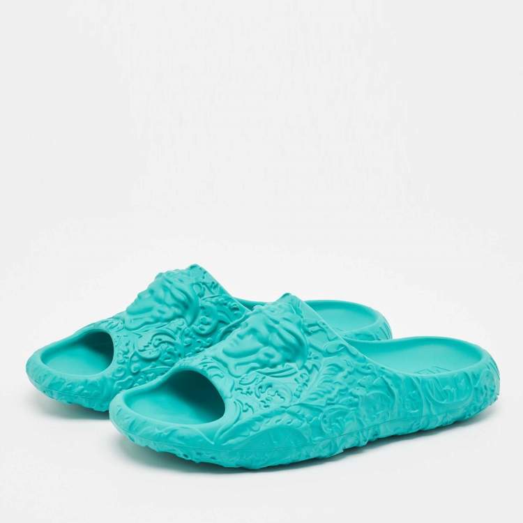 Pre Owned Versace Turquoise Blue Baroque Medusa Embossed Rubber Pool Slides Size 43
