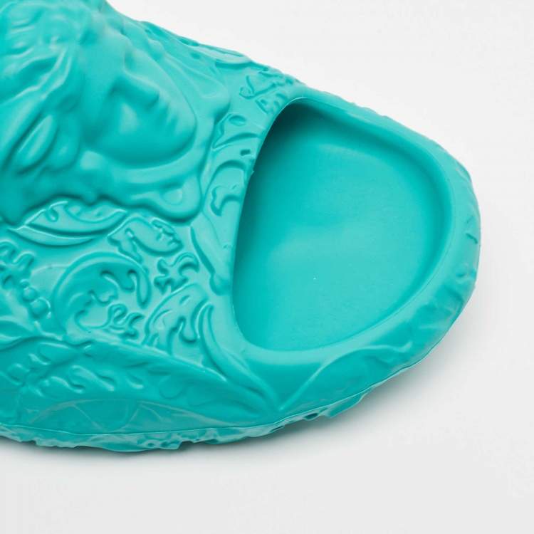 Pre Owned Versace Turquoise Blue Baroque Medusa Embossed Rubber Pool Slides Size 43