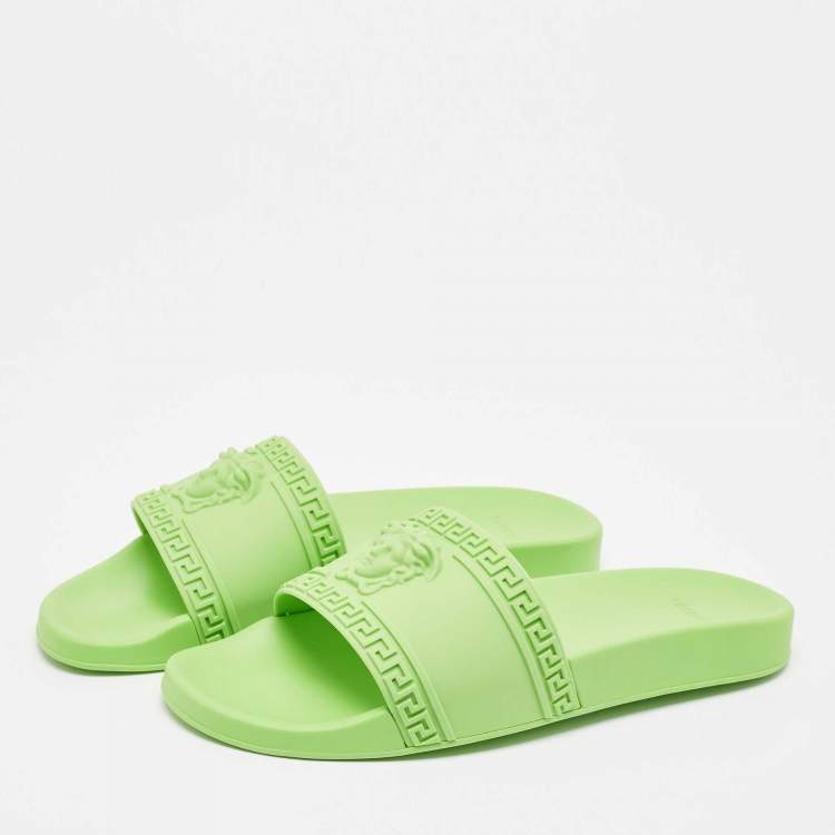 Pre Owned Versace Neon Green Rubber Palazzo Pool Slides Size 46
